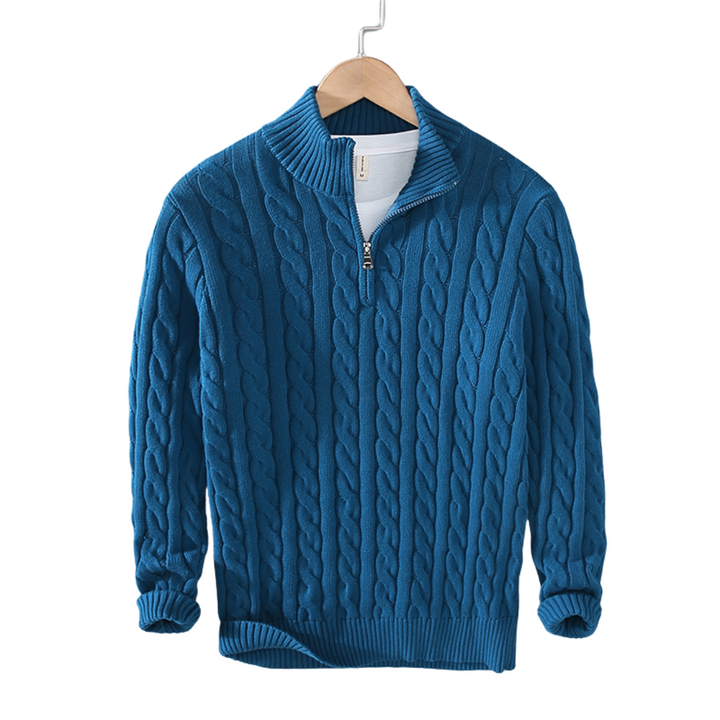 Turquoise cable-knit half-zip pullover with ribbed collar, cuffs, and hem