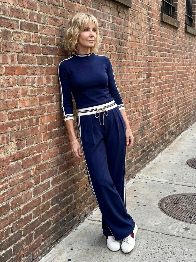 Navy stripe lounge set with mock neck long-sleeve top and wide-leg joggers