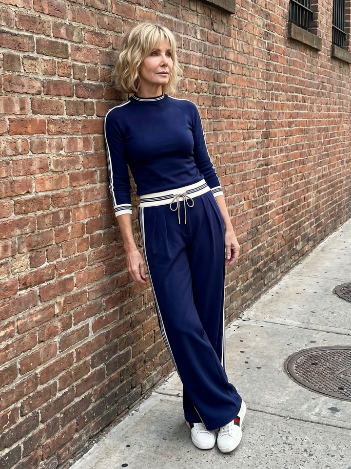 Navy stripe lounge set with mock neck long-sleeve top and wide-leg joggers