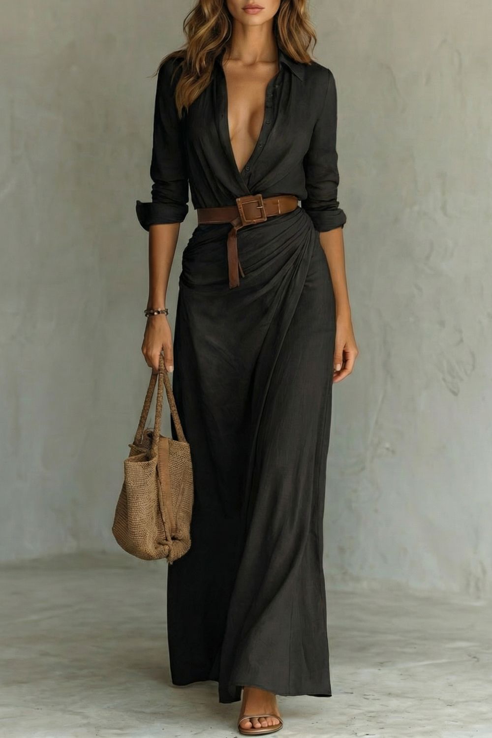 Black wrap maxi dress with button-front V-neck and long sleeves