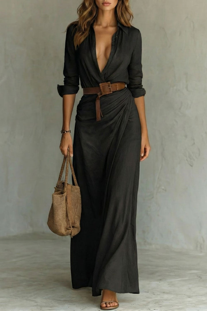 Black wrap maxi dress with button-front V-neck and long sleeves