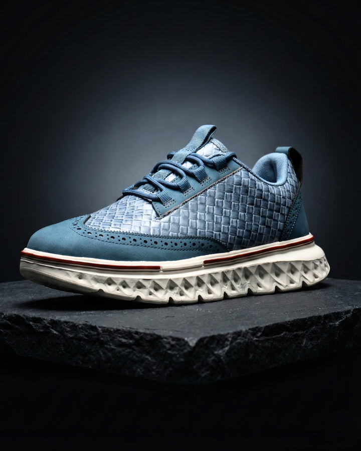 Blue dress sneaker with woven texture, lace-up closure, and white tread sole