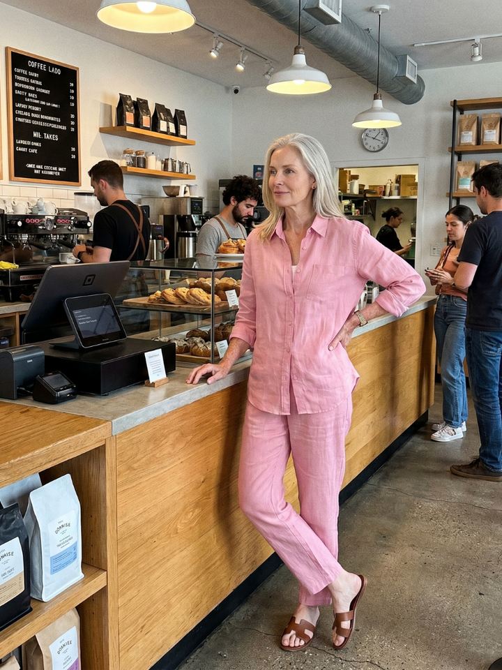 Pink button-front shirt and drawstring pants two-piece set, 3/4 sleeves