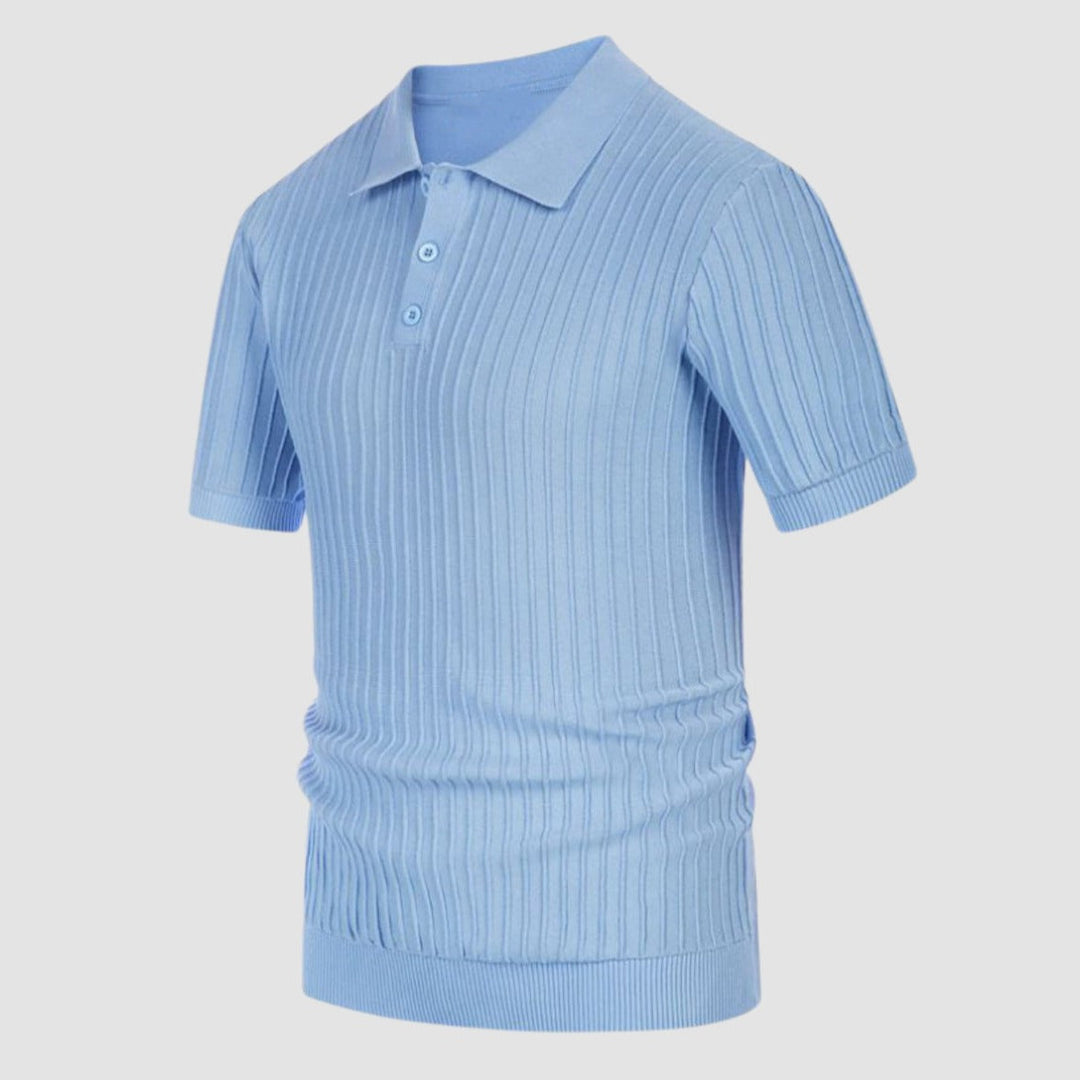 Blue rib-knit polo shirt, front view with button placket and short sleeves
