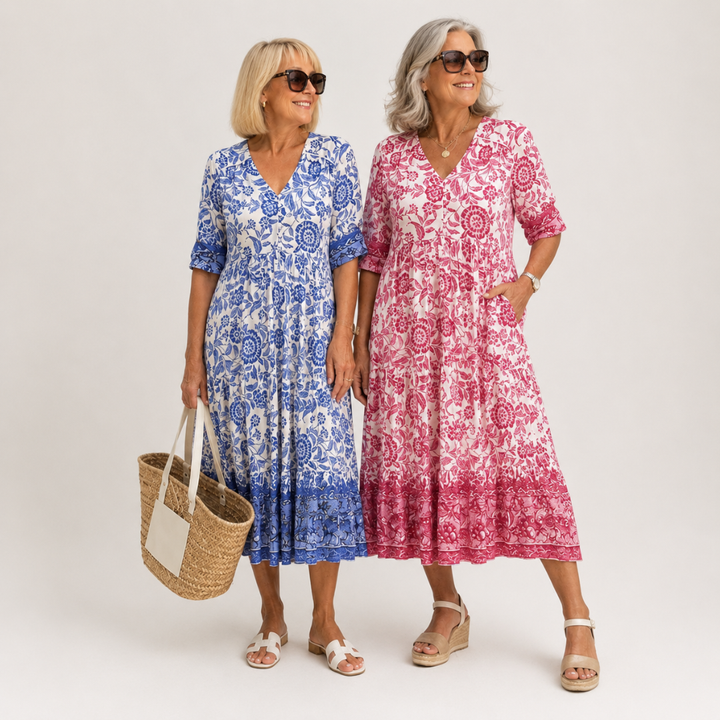 Floral V-neck tiered midi dresses in blue and pink, short sleeves, ruffled hems