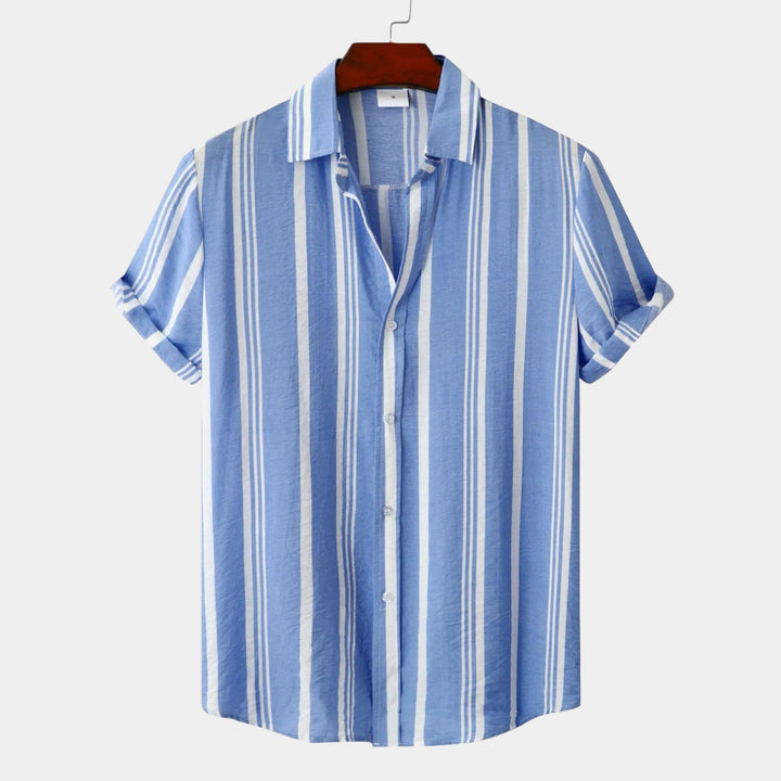 Light blue short-sleeve striped shirt with white vertical stripes and button front