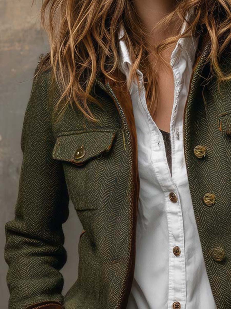 Savannah | Olive Herringbone Contrast Blazer