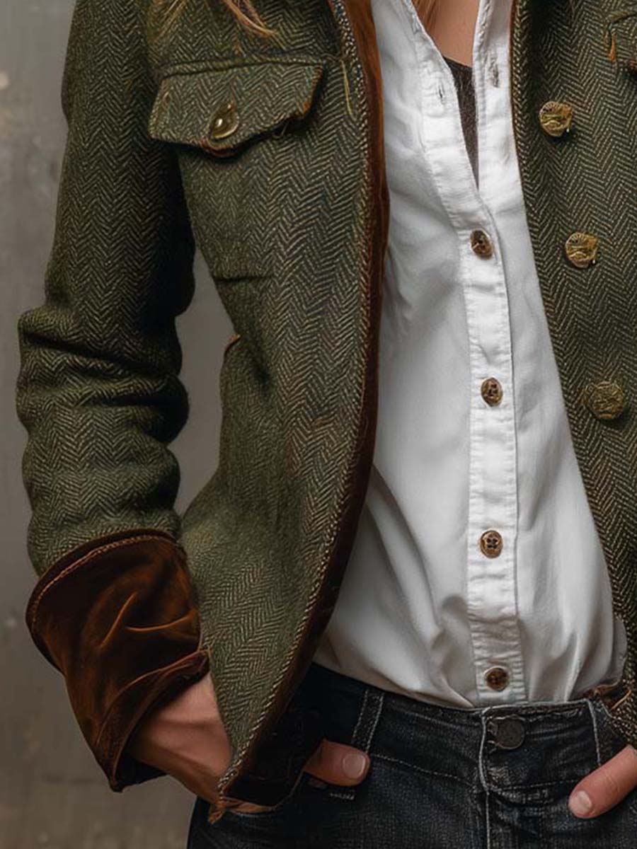 Savannah | Olive Herringbone Contrast Blazer