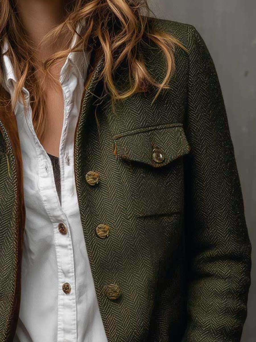 Savannah | Olive Herringbone Contrast Blazer