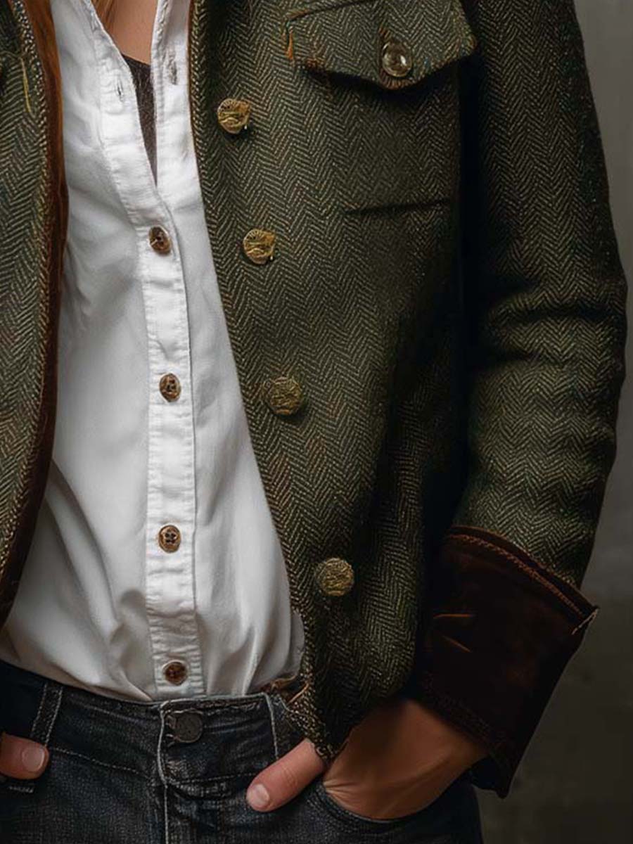 Savannah | Olive Herringbone Contrast Blazer