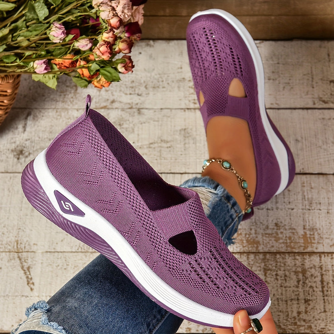 Purple knit slip-on sneakers with white sole and toe cutout detail
