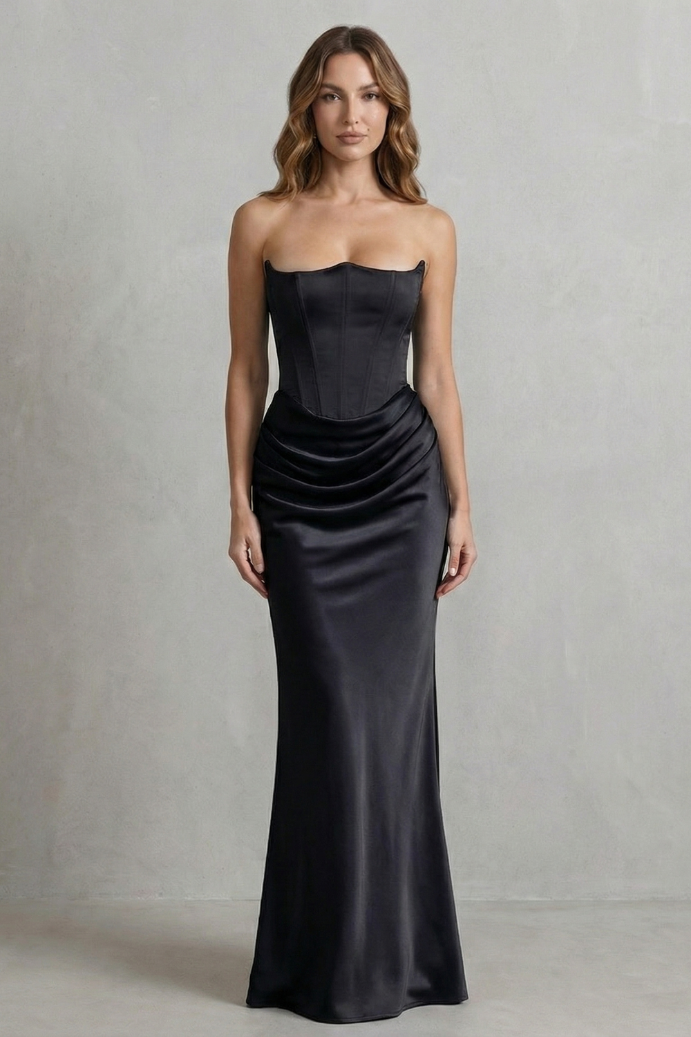 Black strapless corset maxi dress with ruched center drape and fitted bodice