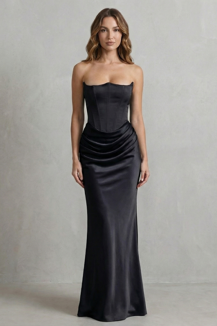 Black strapless corset maxi dress with ruched center drape and fitted bodice