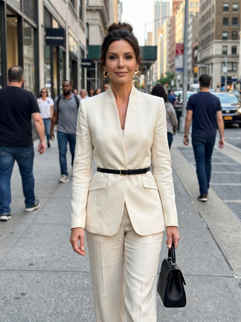 Women's belted blazer set in white with V-neck opening and belted waist, matching trousers