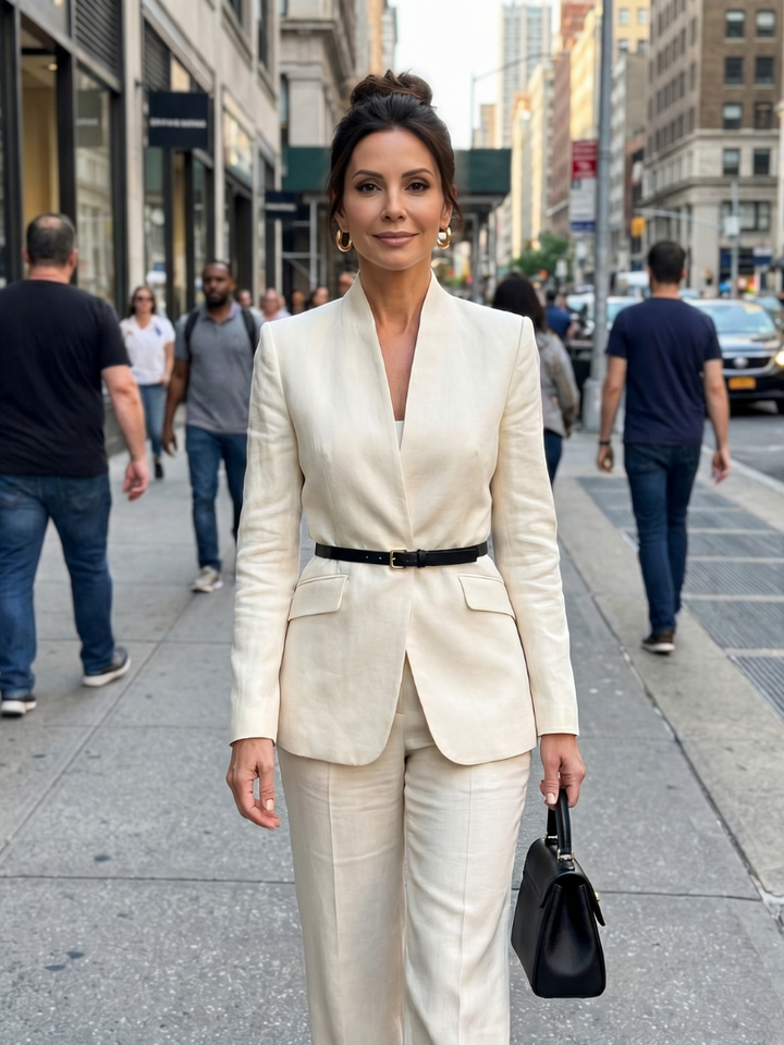 Women's belted blazer set in white with V-neck opening and belted waist, matching trousers