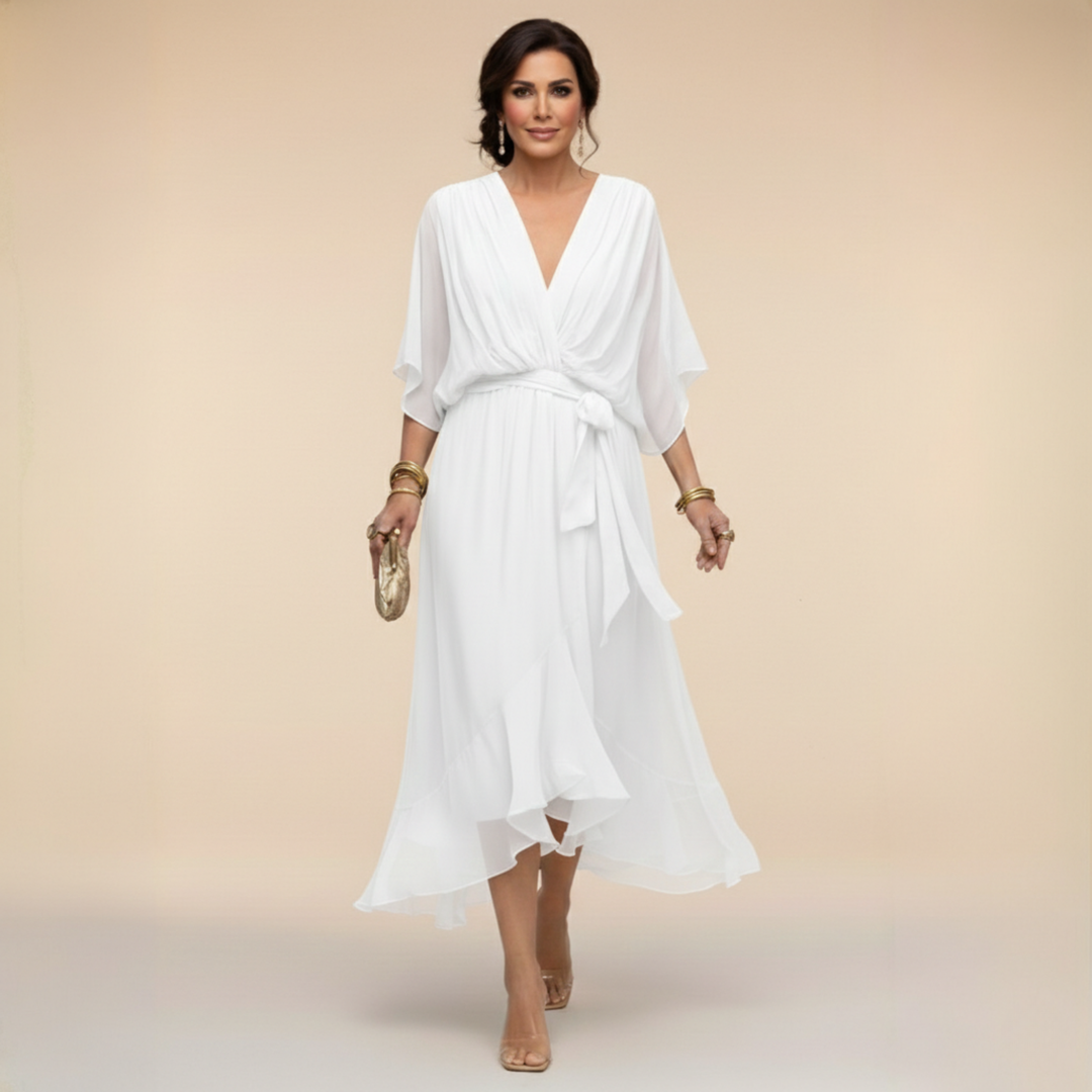 White V-neck wrap midi dress with tied waist and airy chiffon skirt