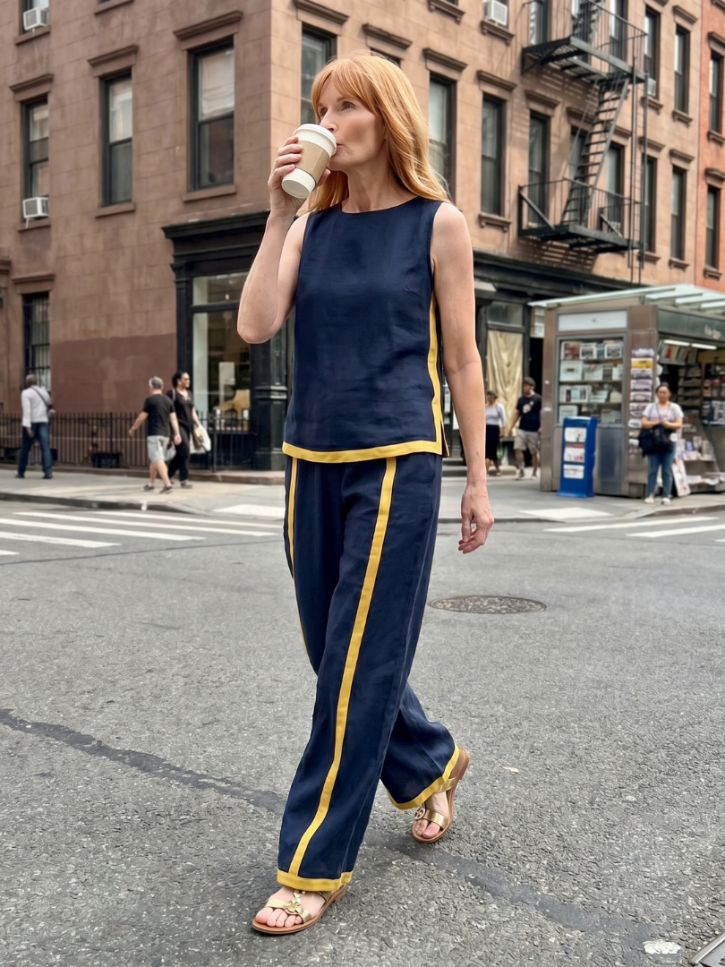 Navy sleeveless linen top and wide-leg pants with tan contrast trim along edges