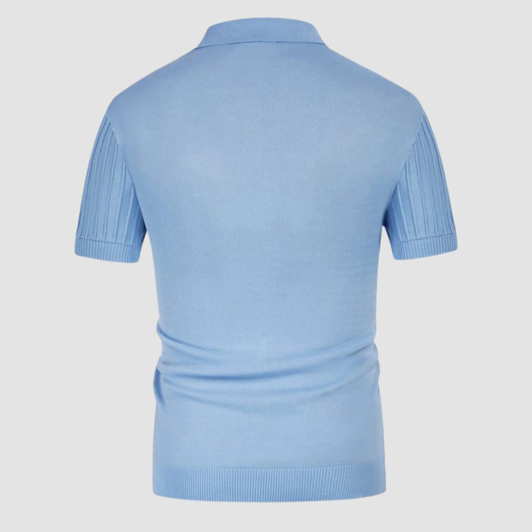 Blue rib-knit polo shirt, back view with short sleeves and banded hem
