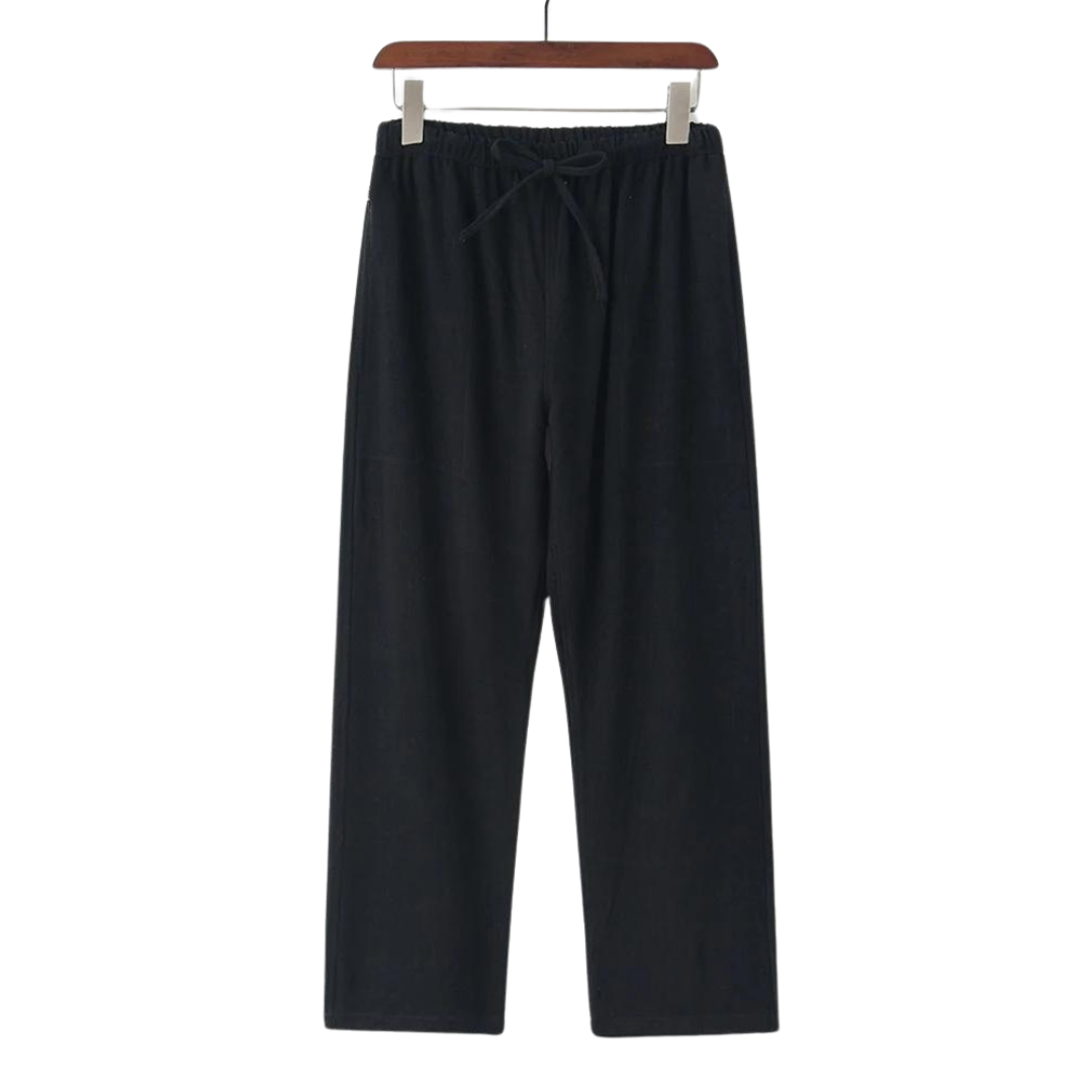 Black linen pants with elastic waistband and tie drawstring, straight wide legs