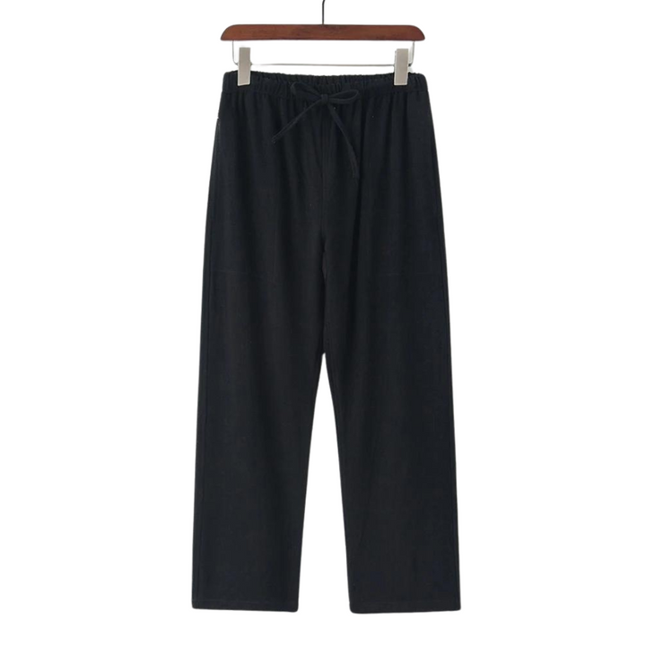 Black linen pants with elastic waistband and tie drawstring, straight wide legs