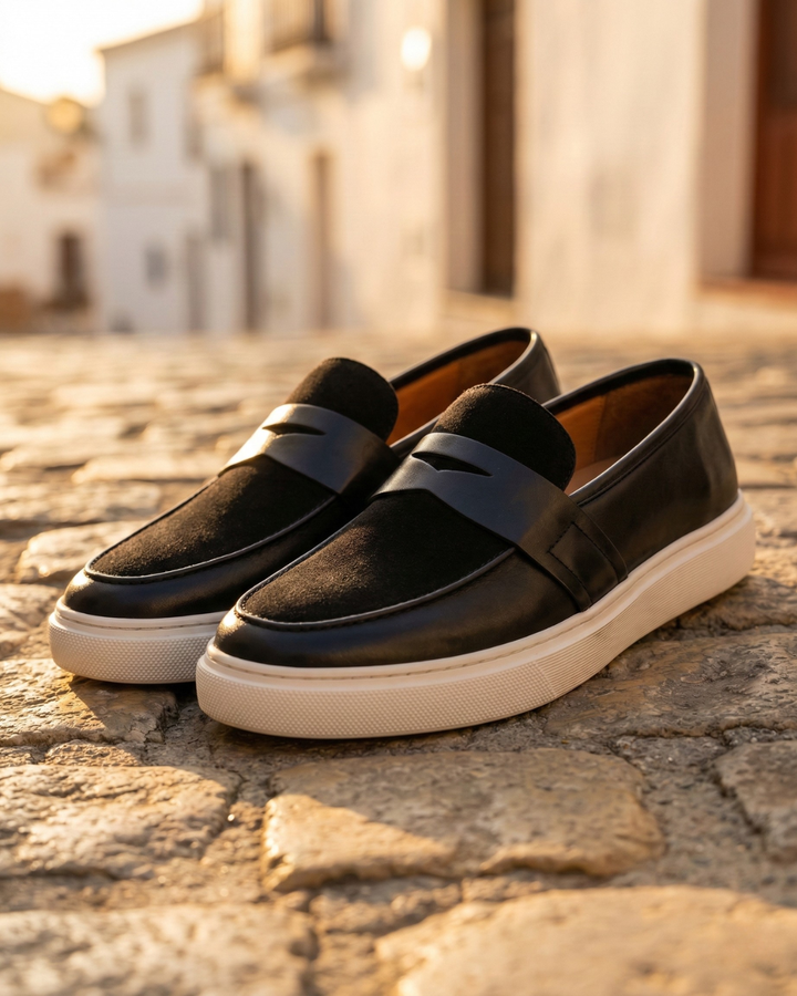 Black leather loafer pair with strap detail and white textured platform sole