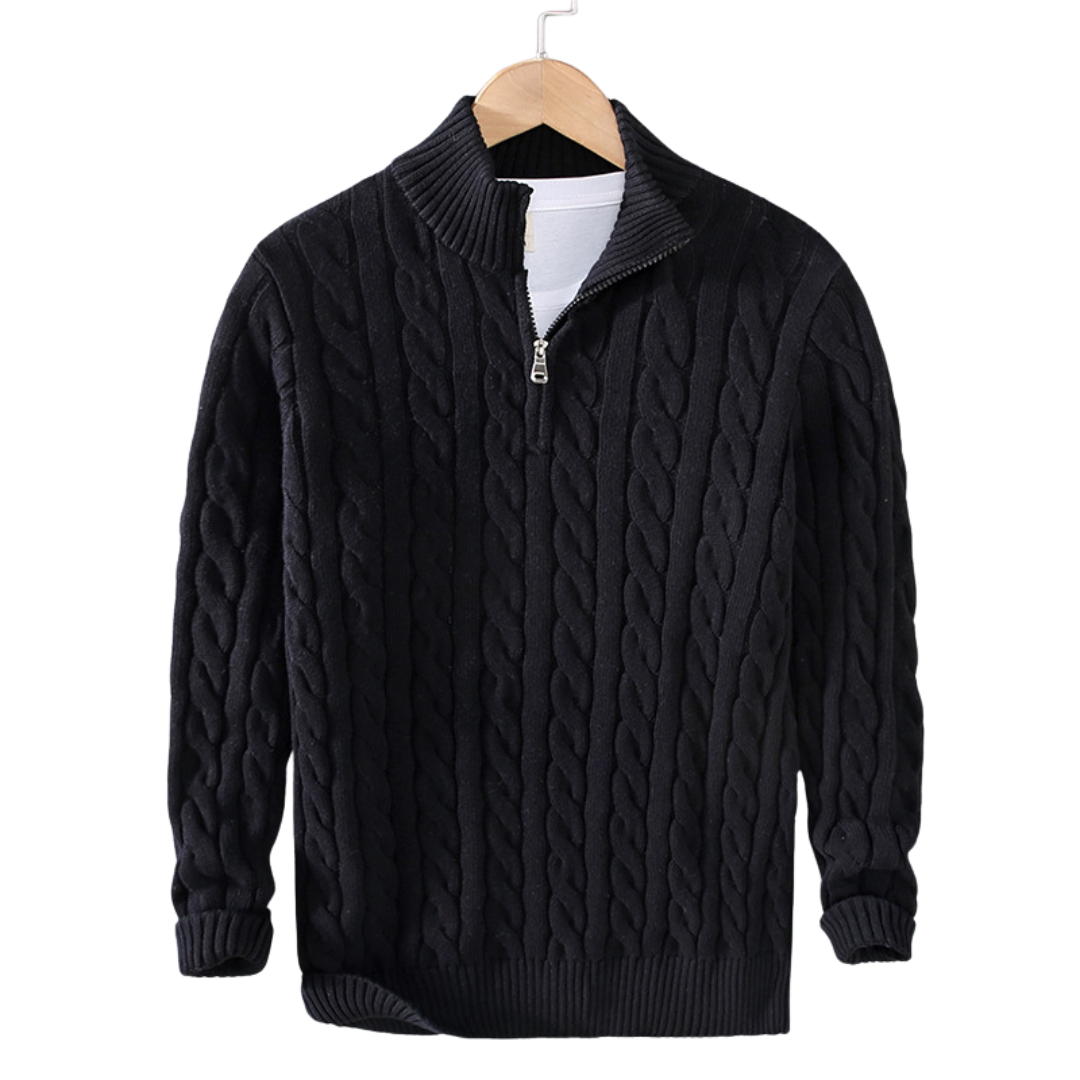 Black cable-knit half-zip pullover with zip placket and ribbed cuffs and hem