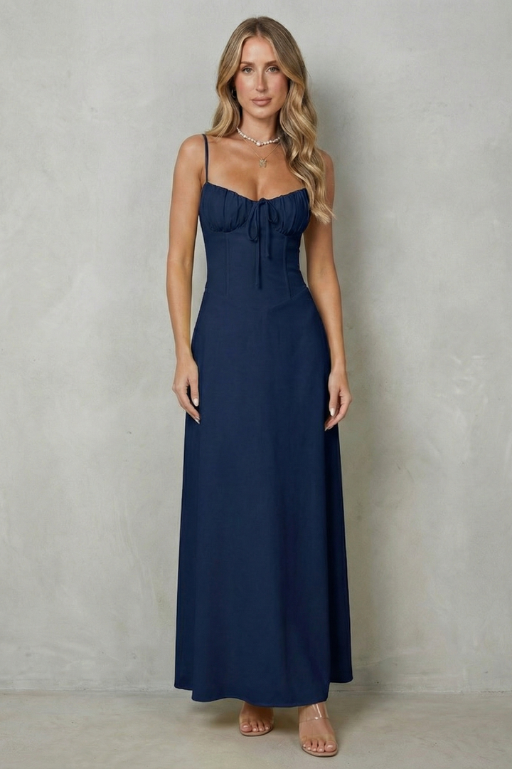 Navy corset maxi dress with thin straps and gathered sweetheart neckline tie detail