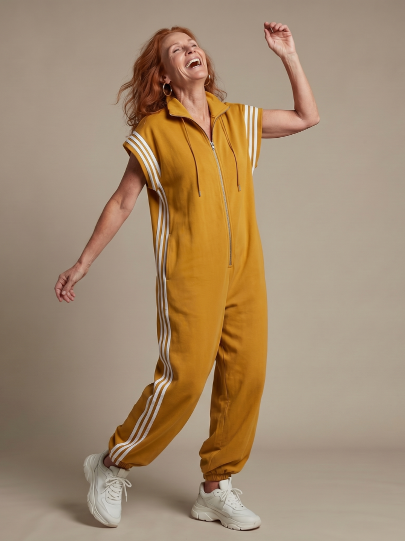 Women’s sleeveless zip-front jumpsuit in yellow with white striped sleeve panels