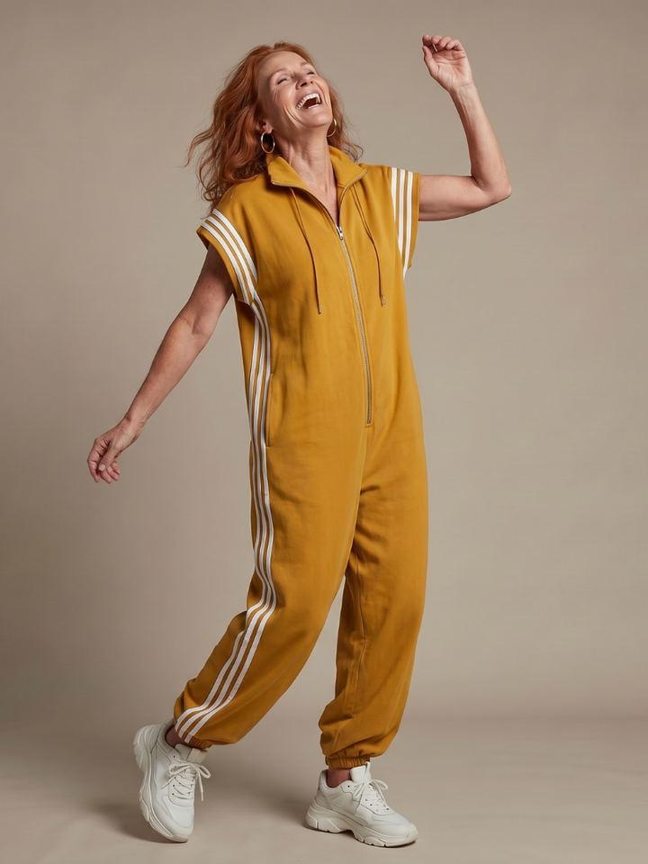 Women’s sleeveless zip-front jumpsuit in yellow with white striped sleeve panels