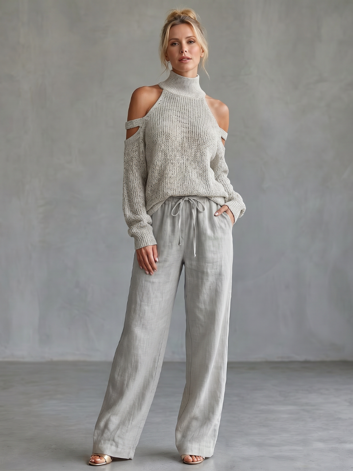 Women’s cutout sleeve knit set, light beige open-shoulder sweater with drawstring wide-leg pants