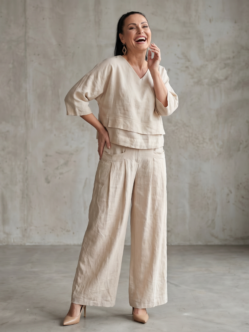 Beige two-piece wide-leg pants set with V-neck tunic top and relaxed wide-leg trousers.