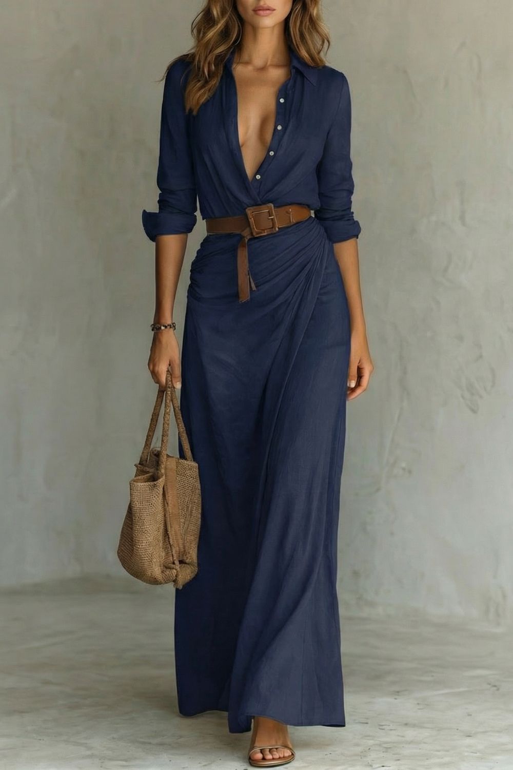 Navy wrap maxi dress with button-front V-neck and long sleeves