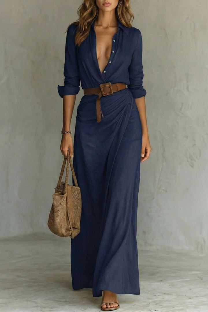 Navy wrap maxi dress with button-front V-neck and long sleeves