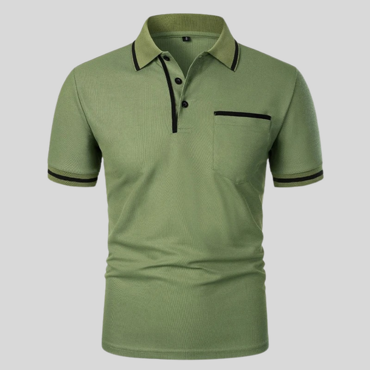 Green short-sleeve polo shirt with black trim, button placket, and chest pocket.