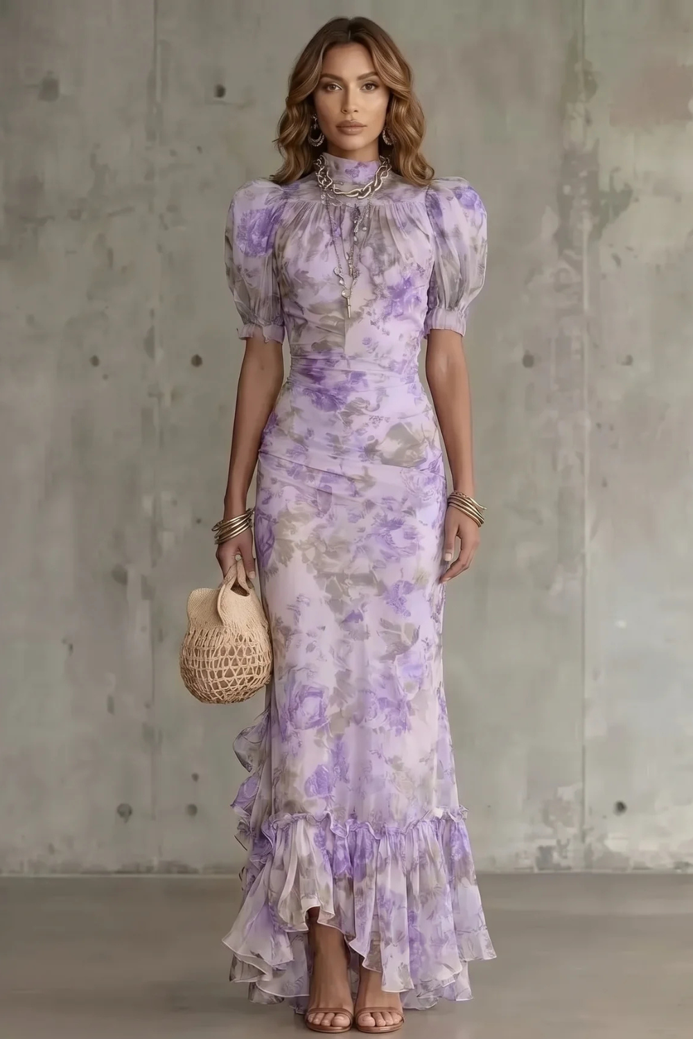 Lilac floral puff-sleeve maxi dress with gathered neckline and cascading ruffle skirt