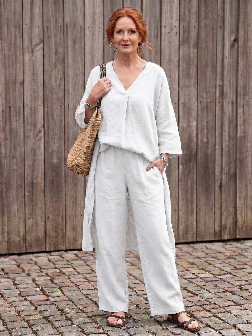 White linen two-piece set with V-neck tunic top and wide-leg pants, relaxed drape.