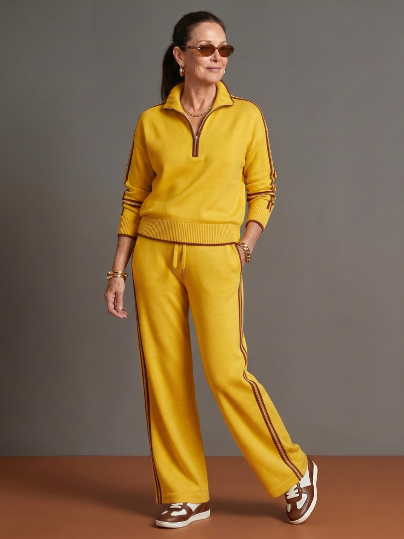 Yellow quarter-zip two-piece set with contrast trim: knit pullover and drawstring waist pants