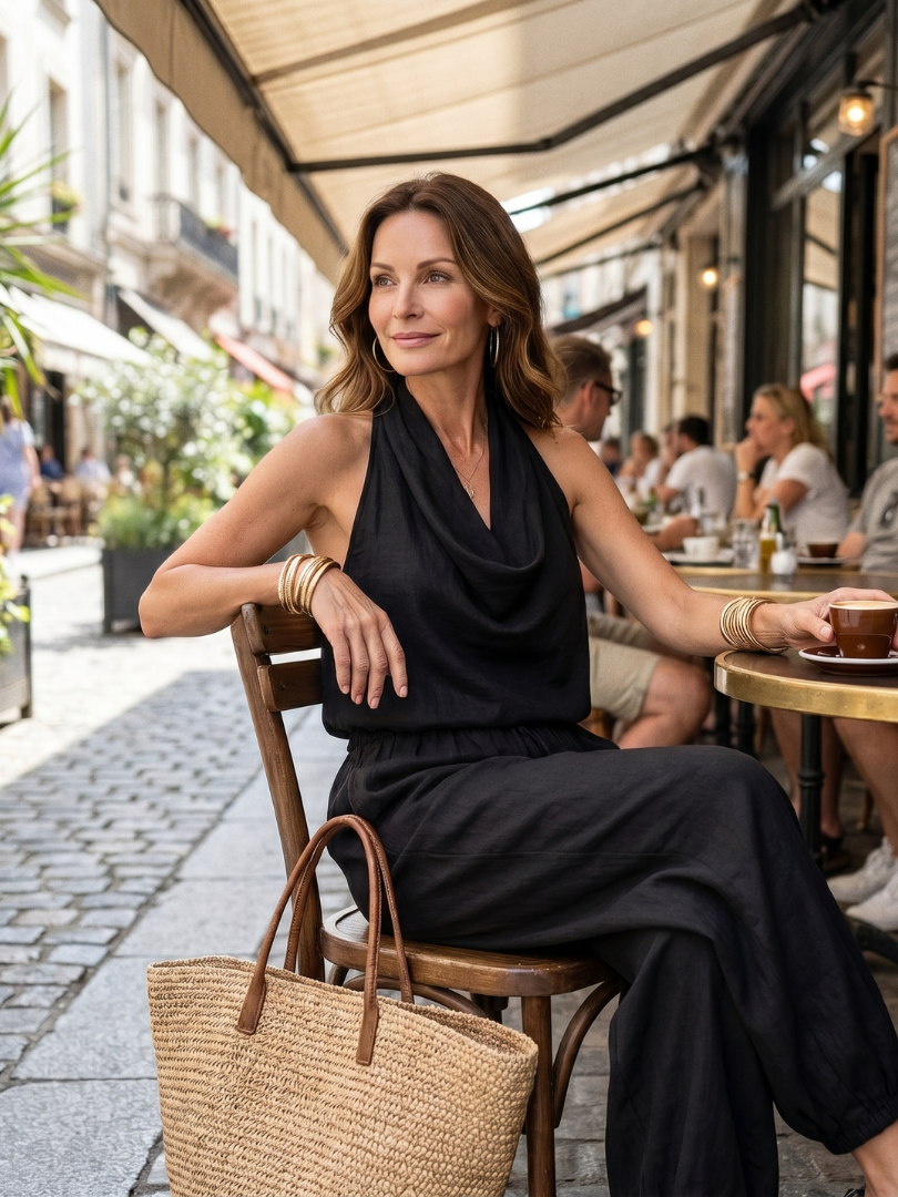 Black draped sleeveless top and flowing wide-leg pants set