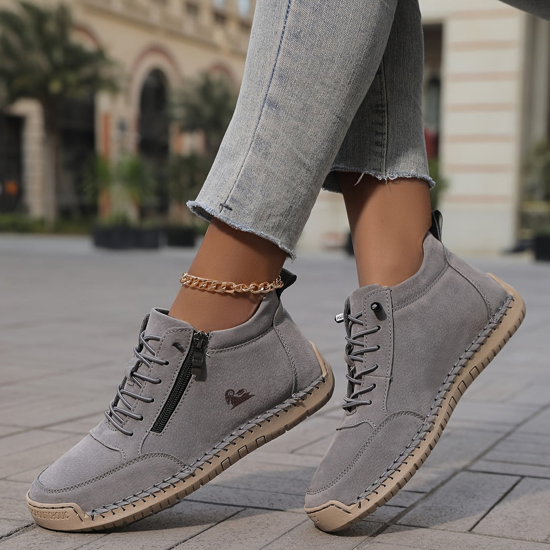 Side-zip lace-up sneakers in dark gray suede with lace-up front and side zipper