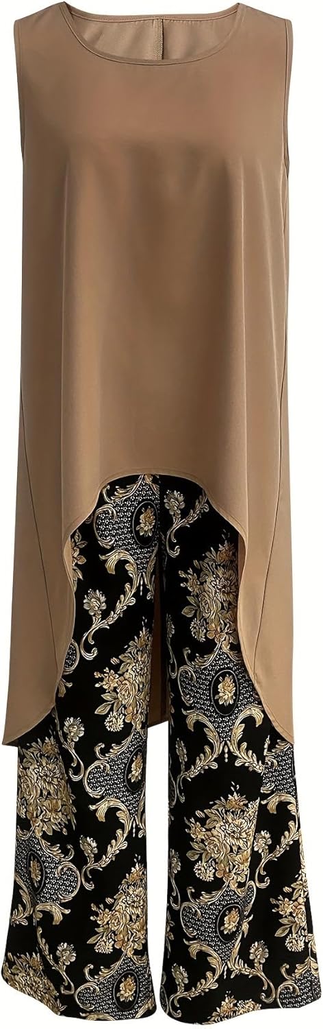 Taupe sleeveless tunic top with high-low hem over black wide-leg pants with gold ornate print