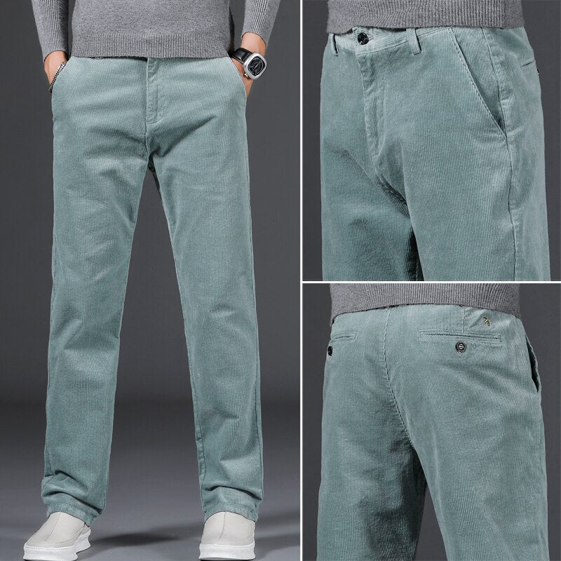 Medium-waist corduroy pants shown in light blue, front and back views