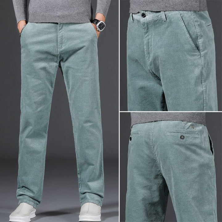 Medium-waist corduroy pants shown in light blue, front and back views