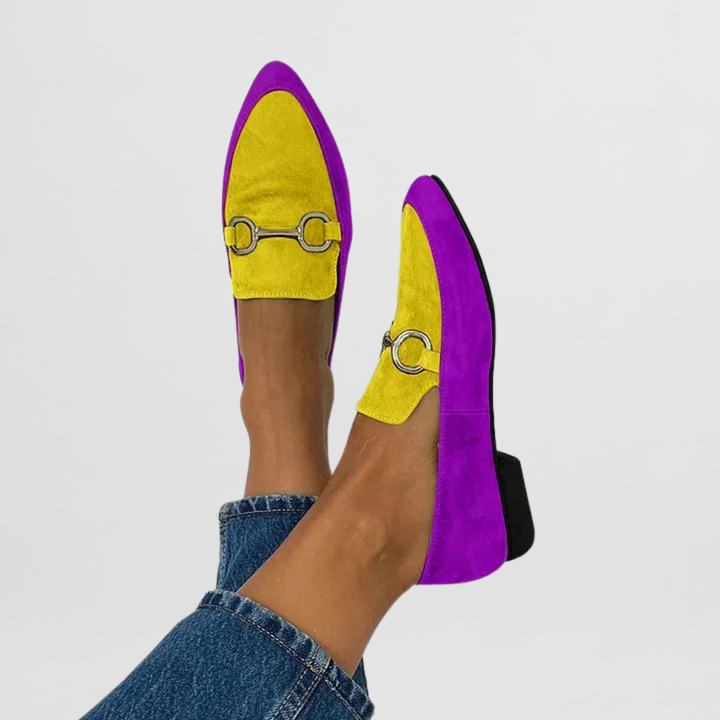 Slip-on bit loafers, two-tone purple and yellow suede with gold-tone bit detail