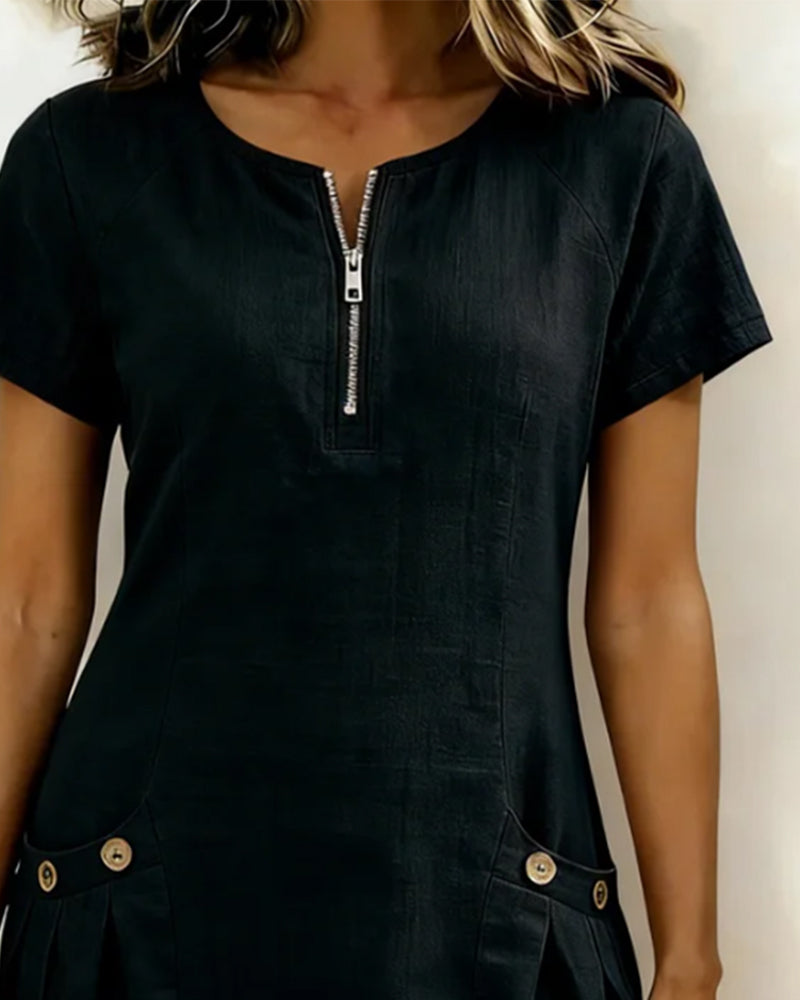 Black casual zip-pocket dress with short sleeves and front half-zip