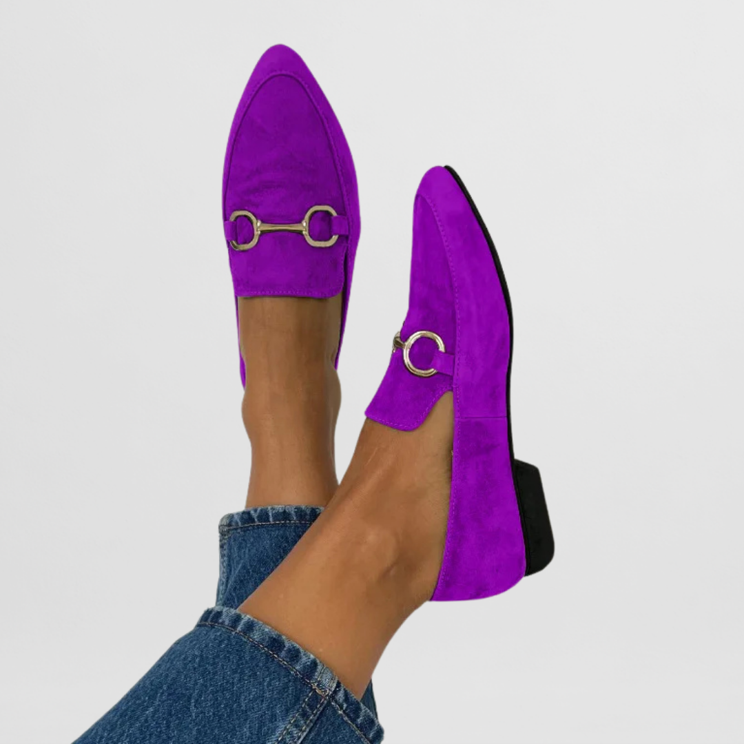 Slip-on bit loafers, purple suede with gold-tone metal bit detail