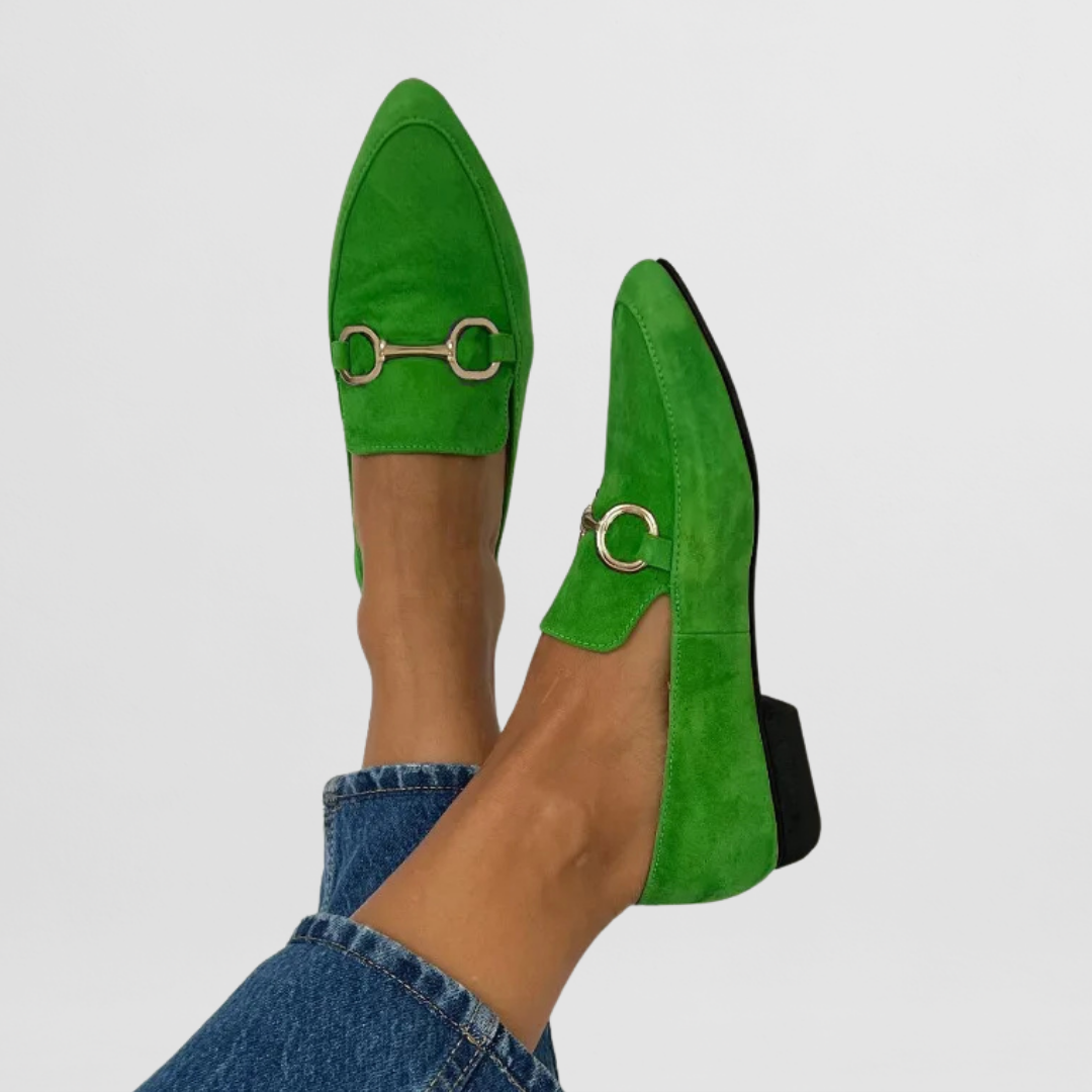 Slip-on bit loafers, green suede with gold-tone metal bit detail