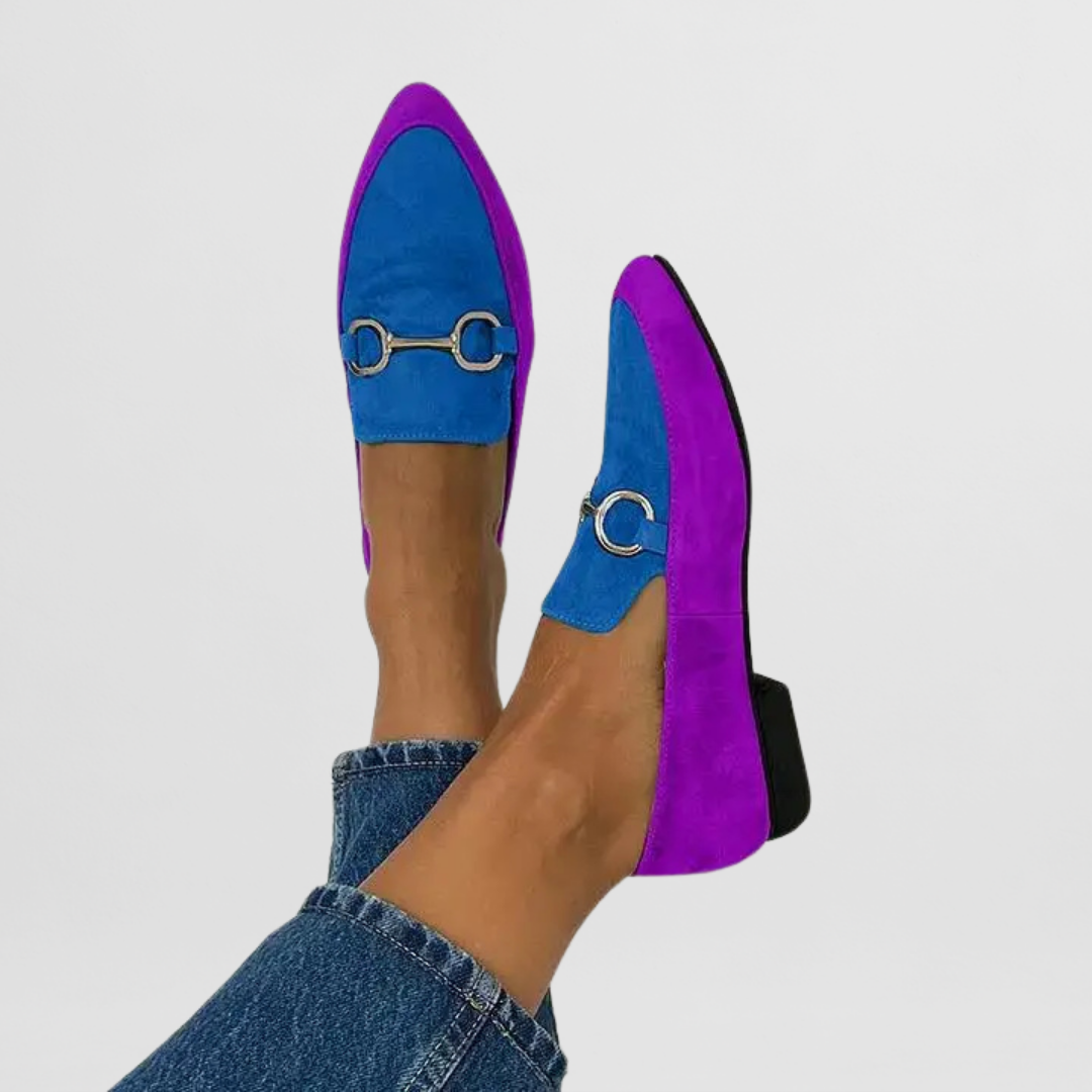 Slip-on bit loafers, two-tone purple and blue suede with gold-tone bit detail