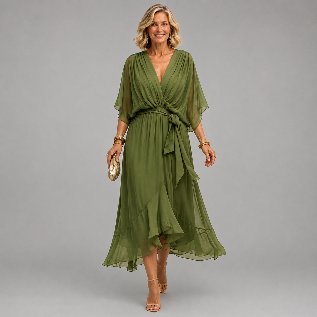 Green V-neck wrap dress with tied waist and flowy chiffon midi hem