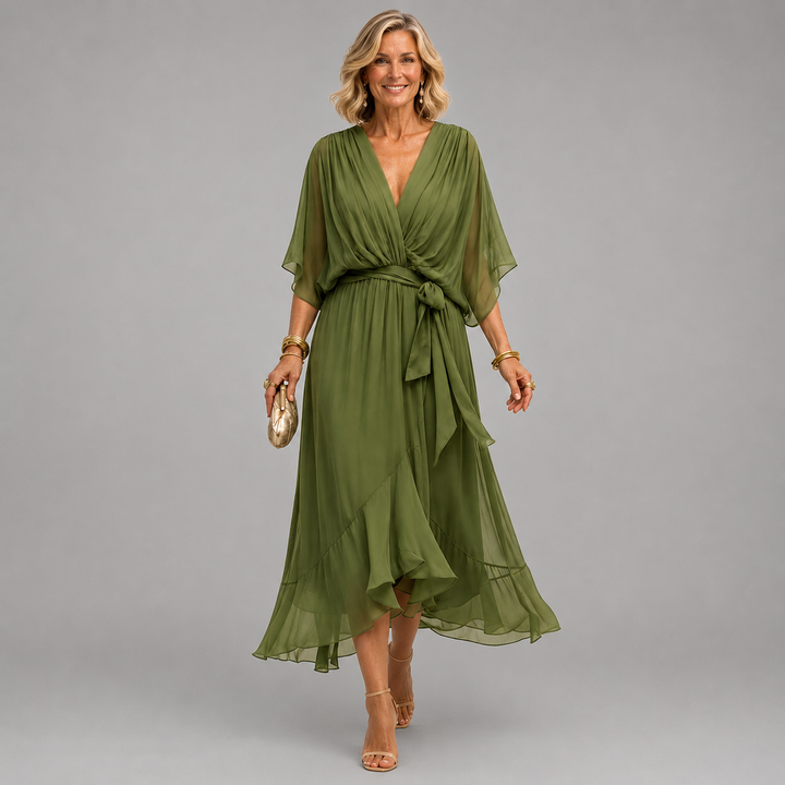 Green V-neck wrap dress with tied waist and flowy chiffon midi hem