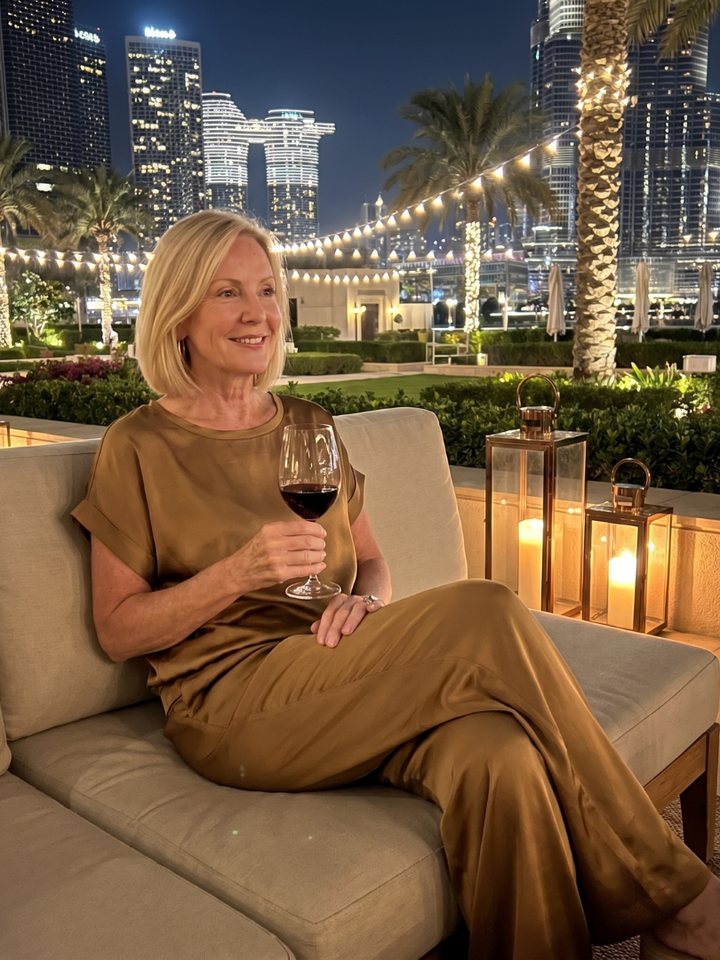 Women’s brown two-piece set with short-sleeve top and wide-leg drawstring pants.